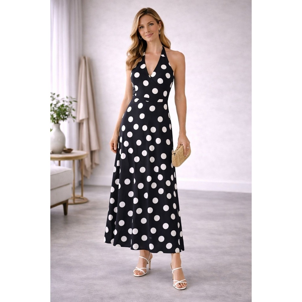 ANTHROPOLOGIE SOLITAIRE New Dress Halter Polka Dot Black White Sleeveless LARGE